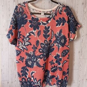 Coldwater Creek Floral Knit Women's Top Size M Coral and Navy